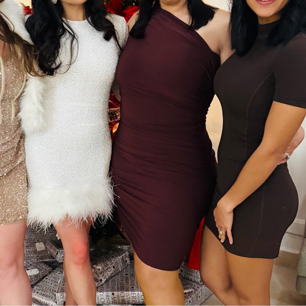 White House Black Market One Shoulder Burgundy Dress